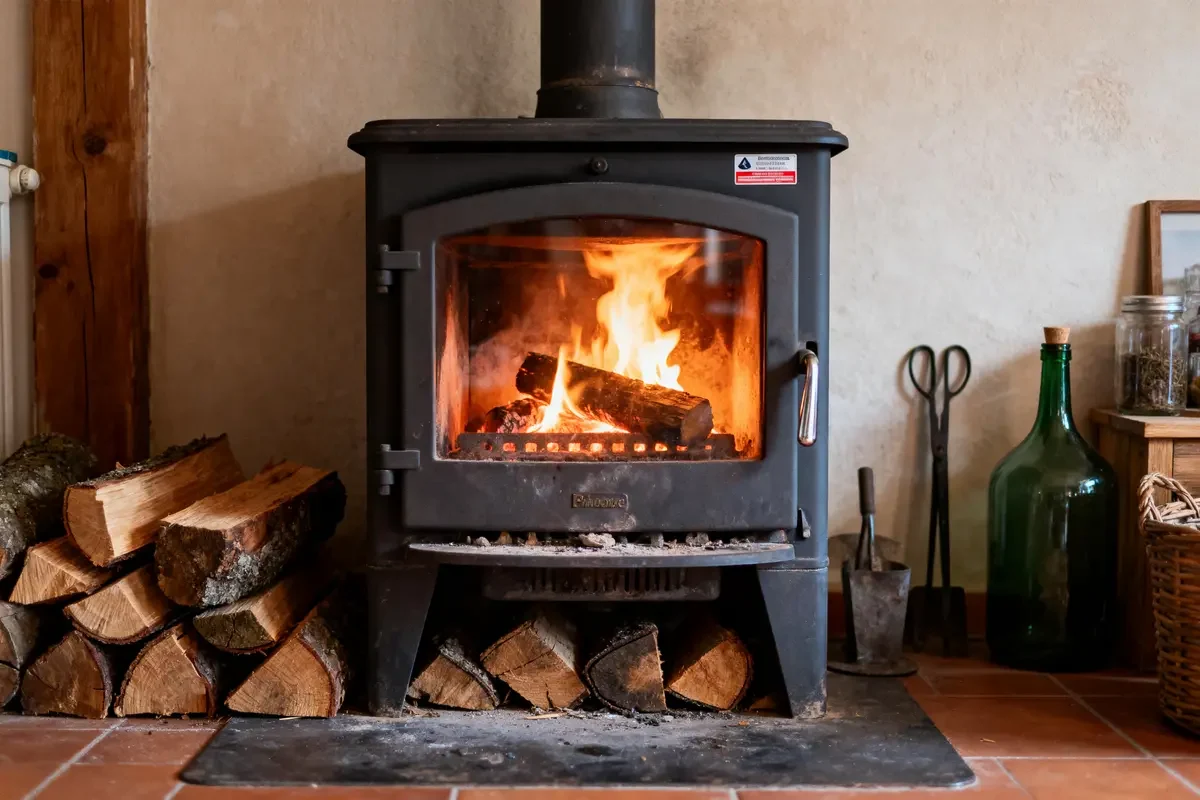 Poêle à bois noir allumé avec bûches, flammes vives, accessoires à droite, mur beige, sol carrelé.