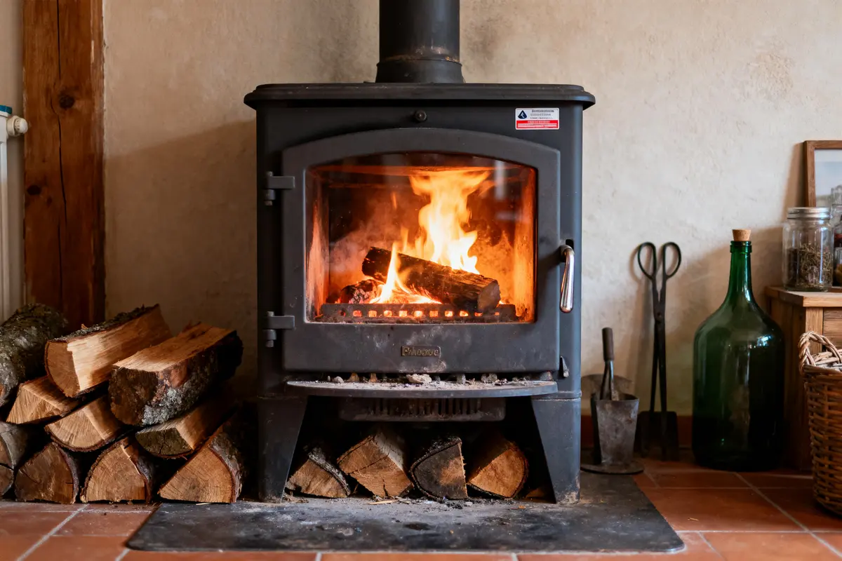 Poêle à bois noir allumé avec bûches, flammes vives, accessoires à droite, mur beige, sol carrelé.