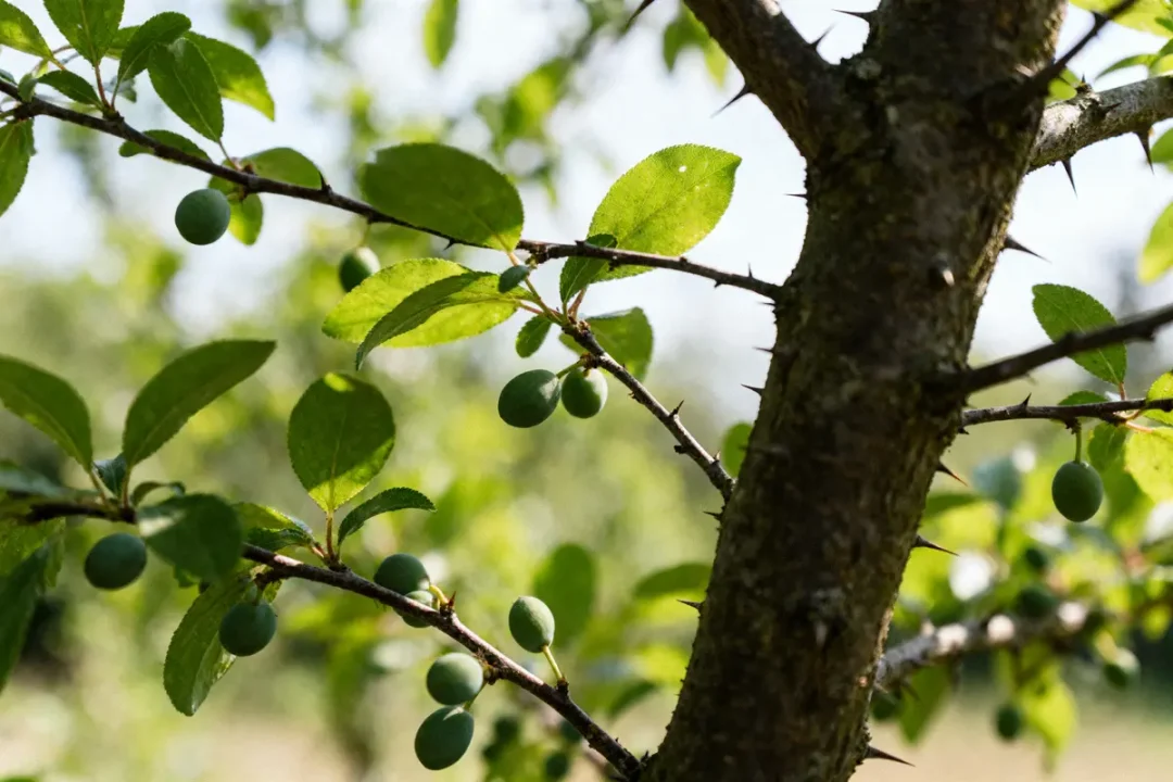 Branche d'arbre avec feuilles vertes et petits fruits, éclairée par la lumière du soleil.
