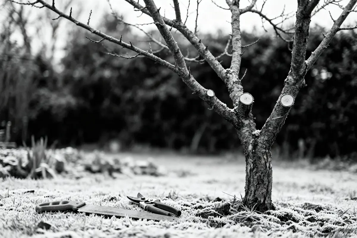 Arbre fraîchement taillé en hiver avec outils de jardinage posés sur le sol enneigé.