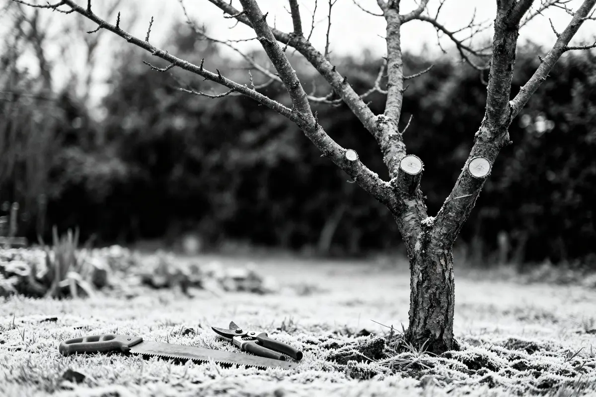 Arbre fraîchement taillé en hiver avec outils de jardinage posés sur le sol enneigé.