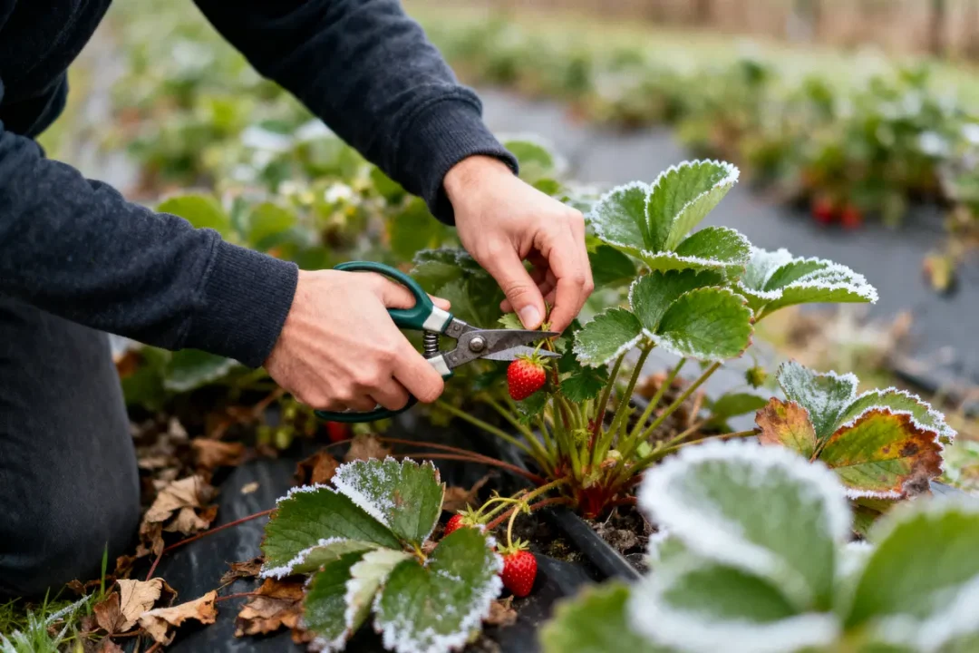 Personne cueillant une fraise rouge à l'aide de ciseaux, feuilles de fraisier partiellement givrées.